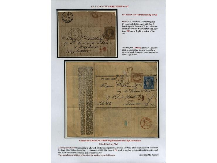 BALLON MONTÉ: 1870/71, Sammlungsbestand von über 50 Briefen, meist ausstellungsmäßig aufgezogen und ausführlich beschrieben, 