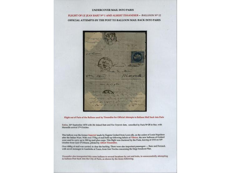 BALLON MONTÉ: 1870/71, Sammlungsbestand von über 50 Briefen, meist ausstellungsmäßig aufgezogen und ausführlich beschrieben, 