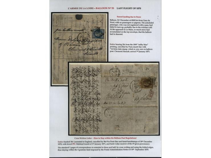 BALLON MONTÉ: 1870/71, Sammlungsbestand von über 50 Briefen, meist ausstellungsmäßig aufgezogen und ausführlich beschrieben, 