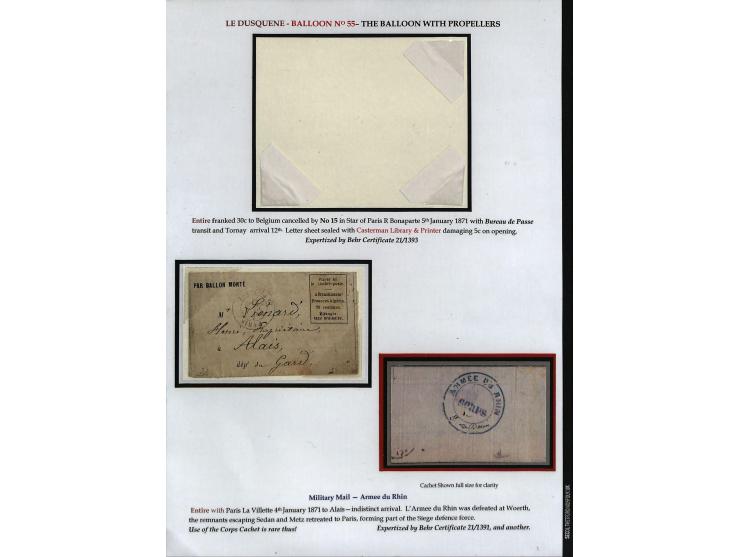 BALLON MONTÉ: 1870/71, Sammlungsbestand von über 50 Briefen, meist ausstellungsmäßig aufgezogen und ausführlich beschrieben, 