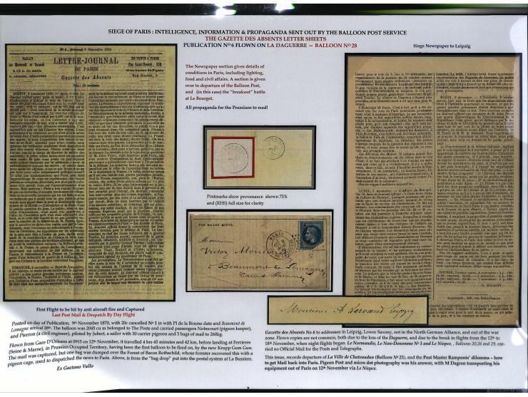 BALLON MONTÉ: 1870/71, Sammlungsbestand von über 50 Briefen, meist ausstellungsmäßig aufgezogen und ausführlich beschrieben, 