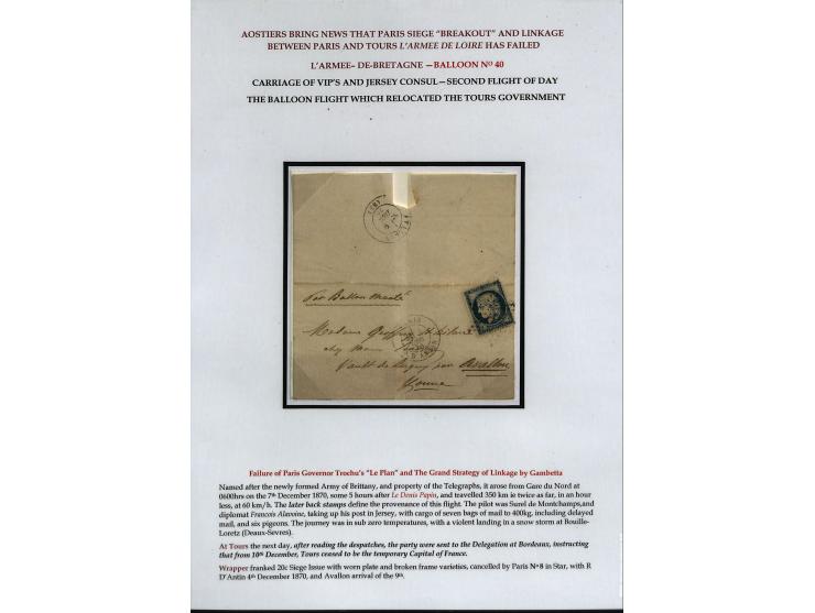 BALLON MONTÉ: 1870/71, Sammlungsbestand von über 50 Briefen, meist ausstellungsmäßig aufgezogen und ausführlich beschrieben, 