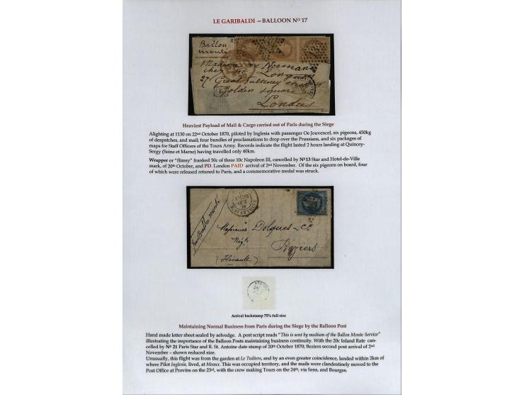 BALLON MONTÉ: 1870/71, Sammlungsbestand von über 50 Briefen, meist ausstellungsmäßig aufgezogen und ausführlich beschrieben, 