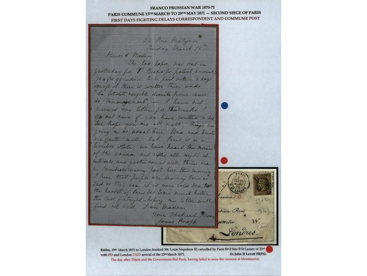 PARISER KOMMUNE: Aufgezogene Sammlung mit rund 40 Belegen zwischen dem 19.3 und 20.5.1871, dabei Brief aus der Nationalversam