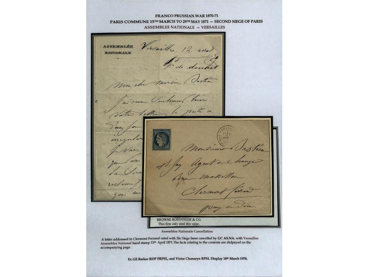 PARISER KOMMUNE: Aufgezogene Sammlung mit rund 40 Belegen zwischen dem 19.3 und 20.5.1871, dabei Brief aus der Nationalversam