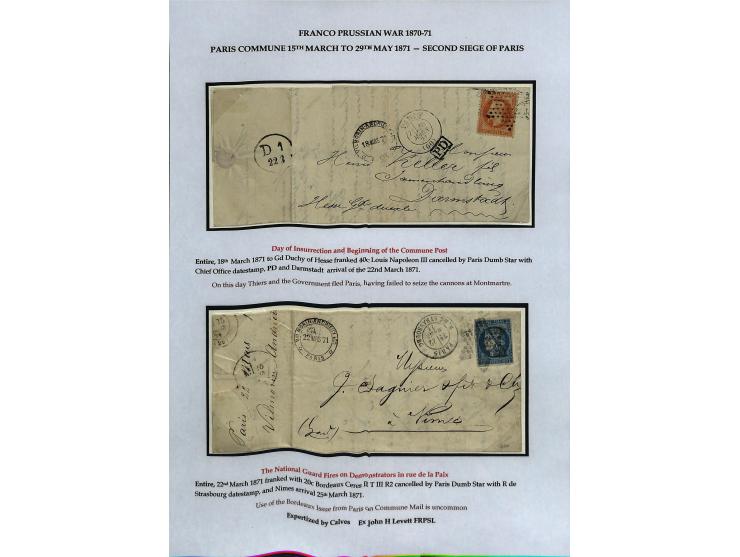 PARISER KOMMUNE: Aufgezogene Sammlung mit rund 40 Belegen zwischen dem 19.3 und 20.5.1871, dabei Brief aus der Nationalversam