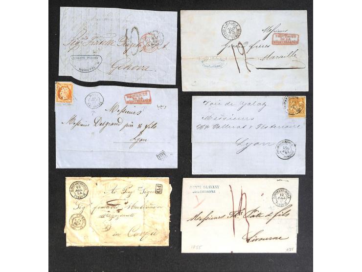 1859-1914, 34 covers / cards including early shipmail 1859, cancellations Beyrouth, Saloniki, Vathy and Alexandrette, registe