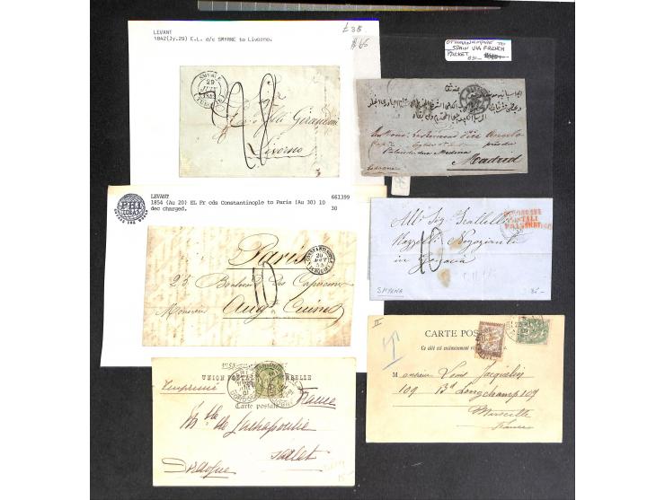 1859-1914, 34 covers / cards including early shipmail 1859, cancellations Beyrouth, Saloniki, Vathy and Alexandrette, registe