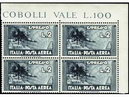 1944, Flugpost 25C. - 10L., einheitlich in Viererblocks aus der rechten oberen Bogenecke, postfrisch, tadellos, Fotoattest Br