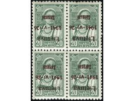 20K. im Viererblock mit kopfstehenden braunroten Aufdruck in Type I, Felder 13-14/23-24, postfrisch, die rechte obere Marke e