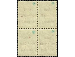 20K. im Viererblock mit kopfstehenden braunroten Aufdruck in Type I, Felder 13-14/23-24, postfrisch, die rechte obere Marke e