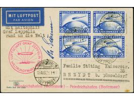 1929, Weltrundfahrt, Etappe Friedrichshafen - Friedrichshafen, Ansichtskarte mit Viererblock Zeppelin-Sondermarke 2 Mark mit 
