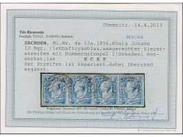 10 Ngr. milchblau, waagerechter Viererstreifen, leicht entwertet durch Nr. "1" DRESDEN; Oberrand ergänzt, sonst breitrandig. 