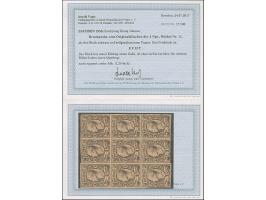 Probedruck 3 Ngr. auf braunem Papier, 9er-Block, meist voll- bis breitrandig, ungummiert, durch die unteren Werte und am ober