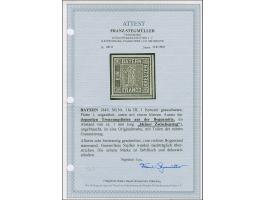 1 Kreuzer schwarz, Platte 1, farbfrisch und allseits breitrandig, unten mit Teil der doppelten Trennungslinie, ungebraucht mi