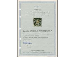 1 Kreuzer tiefschwarz, Platte 2, farbfrisch und allseits voll- bis breitrandig, sauber entwertet durch zentrisch aufgesetzten