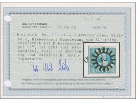 3 Kreuzer blau mit rotem Versuchsgummi von Altötting, farbfrisch und voll- bis meist breitrandig, mit glasklar aufgesetztem g