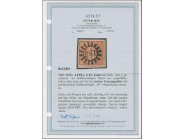 6 Kreuzer braunorange mit ausgefüllten Ecken, voll- bis meist breitrandig, unten links mit Teil der doppelten Trennungslinie,