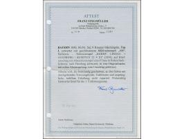 9 Kreuzer bläulichgrün, Type I, farbfrisch und allseits breitrandig, mit leicht aufgesetztem gMR “406” und nebengesetztem Bah