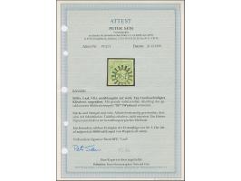 9 Kreuzer mattblaugrün, Type I, allseits breitrandig, dreiseitig mit Schnittlinien, mit klar und gerade aufgesetztem gMR "387