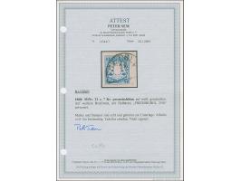 7 Kreuzer preußischblau, farbfrisch und voll- bis meist breitrandig, mit sauberem Halbkreisstempel "FRIEDEBERG 25/6" auf Brie