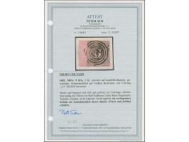 6 Kreuzer auf mattrötlichkarmin, überrandiges linkes Randstück mit Teilen aller 5 Nachbarmarken und links ca. 8 mm Bogenrand,