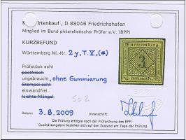 3 Kreuzer auf gelbem Seidenpapier, farbfrisch und voll- bis meist breitrandig, ungebraucht ohne Gummi. Ein schönes Stück der 