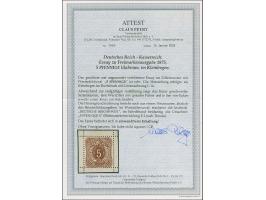 1875, 5 Pfge. als Essay im Ziffermuster mit Wertschildoval und in den Ecken mit Reichsadler in den Farben lilabraun, violett 