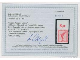 1926, Adler 10 Pfg. mit Plattenfehler “unterer Strich des 1. E in DEUTSCHE nach links verlängert” (Feld 8), Oberrandstück, po