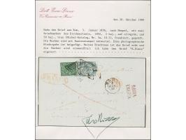 1856, 50 b. blue with 2 b. olive green tied by overlapping diamond cancellations on a complete, freshly preserved collector's