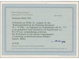 1941, Kameradschaftsblock 20 Pfg. als gezähnter Probedruck in Zinnoberrot als Einzelabzug im Blockformat (94 x 83 mm) mit dur