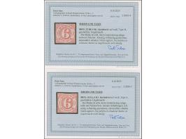 6 Kr. dunkelrosarot, 2 Einzelwerte in Type IA bzw. IB, beide farbfrisch und vollrandig, ungebraucht mit Originalgummi. Ein We