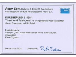 1 Kr. auf graugrün, waagerechtes Paar aus der rechten oberen Bogenecke, allseits überrandig, mit Teilen von 3 Nachbarmarken u