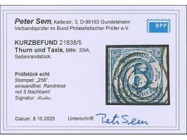 6 Kr. blau, allseits überrandig, mit ca. 2 mm rechtem Bogenrand sowie Teilen aller 5 Nachbarmarken, leicht entwertet durch Nr