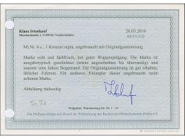 1 Kr. sepia, farbfrisch, in ausgabetypischem Schnitt, links mit schmalem Bogenrand, gute Wappenprägung, ungebraucht mit frisc