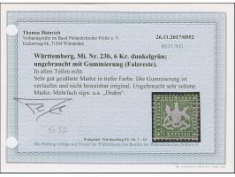 6 Kr. dunkelgrün in tiefer Nuance, gut gezähnt, mit schön erhaltener Wappenprägung, ungebraucht mit verlaufenem Gummi (nicht 