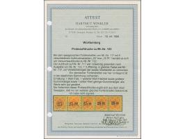 1916, 25 (Pf.) auf 25 Pfg. orange, waagerechter 5er-Streifen mit alle fünf verschiedenen Versuchsaufdrucken, ungebraucht, zwe