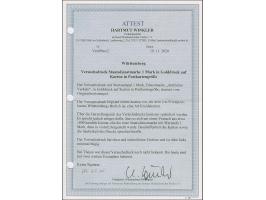 1890, Versuchsdruck 1 Mk. goldfarben, links oben auf Karton in Postkartengröße, ungebraucht. Leichte Knitterspuren und oben k