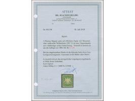 1890, Wappen 5 Pfg. grün auf rötlichem Papier mit Wasserzeichen 'senkrechte Wellenlinien' der Ausgabe 1881, ungebraucht. Der 