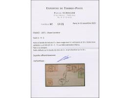 2 C. rotbraun im waagerechten 3er-Streifen und Paar, sowie 5 C. grün und 10 C. ocker braun, farbfrisch, sauber entwertet durc