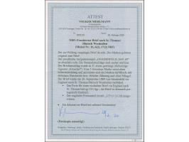 ¼ Gr. bräunlichlila und 5 Gr. ocker im senkrechten Paar, in Mischfrankatur mit gezähnter Ausgabe 2 Gr. ultramarin im waagerec