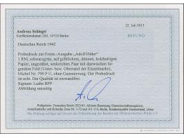 1942, Hitler 1 M. Probedruck ungezähnt in Schwarzgrün im senkrechten Zwischenstegpaar auf dünnem, gelblichem, holzartigem Pap