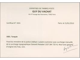 1921, Court fiscal stamp 1 pia. ultramarin with 1337 handstamped overprint, unused, fine and scarce, certificate du Vachat (2