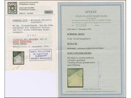 1854, 1. Münchner Druck 40 Rp. mittelgelboliv, allseits weißrandig, entwertet durch schwarze Raute und Teil eines Rundstempel