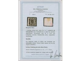 1861, 1 Sch. schwarz, allseits breitrandig, aus der Bogenecke eines Umdruckblockes stammend, mit ca. 1-2 mm Bogenrändern, sau