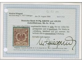 50 Pfg. dunkellilabraun, postfrisch und in tadelloser Erhaltung. Die farbfrische Marke ist unsigniert mit Fotobefund Wiegand 