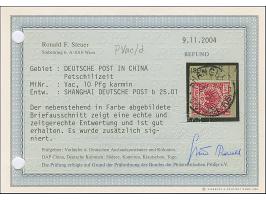 Krone/Adler 10 Pfg. lebhaftlilarot, farbfrisch und gut gezähnt mit Stempel “SHANGHAI DP *b 25…01.” auf Briefstück in einwandf