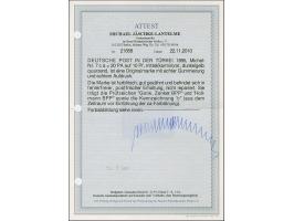 1889, 20 Pa. auf 10 Pfg. mittel(karmin)rot (dunkelgelb quarzend), ist farbfrisch und gut gezähnt. Die postfrische Marke ist i