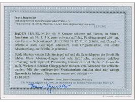 9 Kr. auf lilarosa, in Mischfrankatur mit 1858, 3 Kr. auf blau, erstere etwas stärker angeschnitten, mit Nr. "60" und nebenge