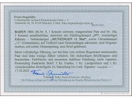 1 Kr. schwarz, waagerechtes Paar, rechts mit großem Teil des Bogenrandes, zusammen mit 3 Kr. preußischblau, mit Nr. "97" und 